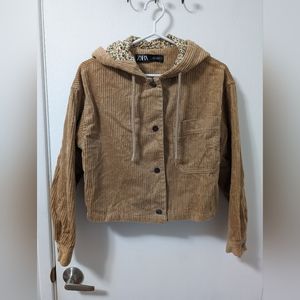 Zara Corduroy Hooded Jacket in Camel Brown